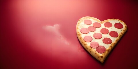Heart shaped pizza on a red background with flour, made with generative ai