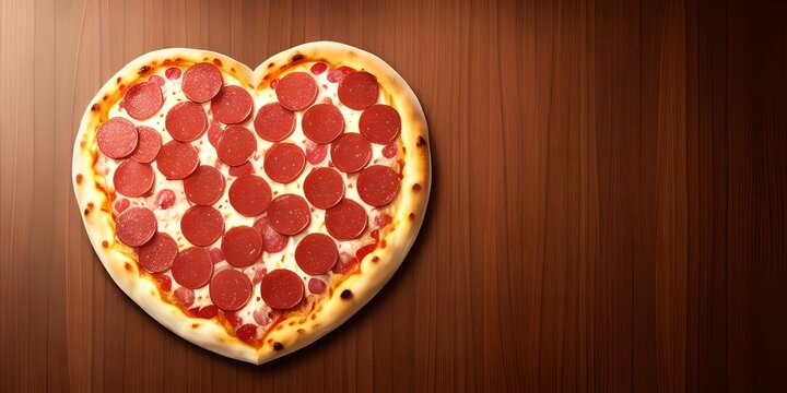 Heart shaped pizza on a wooden background, made with generative ai
