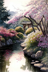 Japanese Garden with Blossoms, Japanese Temple in the Morning, Japanese Landscape, Generative AI 
