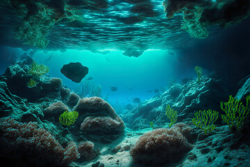 Naklejka na ściany i meble Gorgeous underwater landscape. colorful marine life, ocean floor. Generative AI