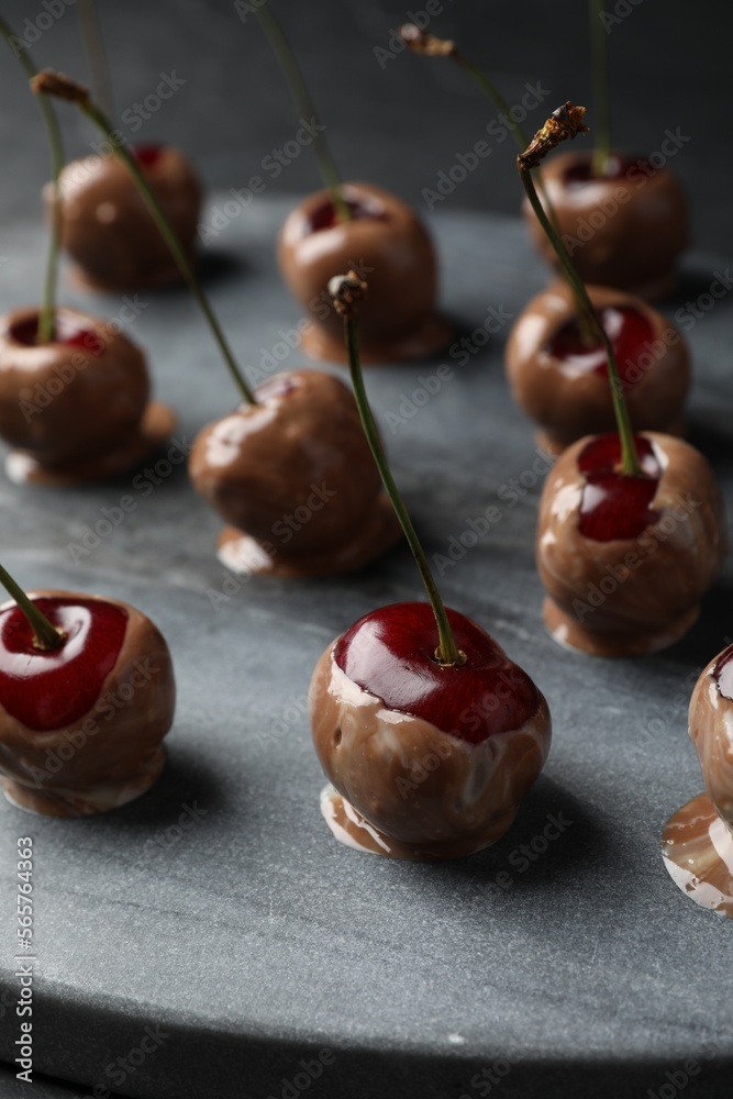 Canvas Prints Sweet chocolate dipped cherries on grey board