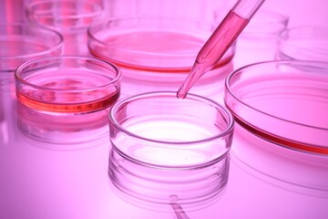 Dripping reagent into Petri dish with sample on table, toned in pink