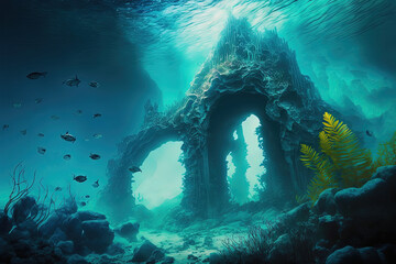 Fantasy underwater seascape with lost city. Generative AI