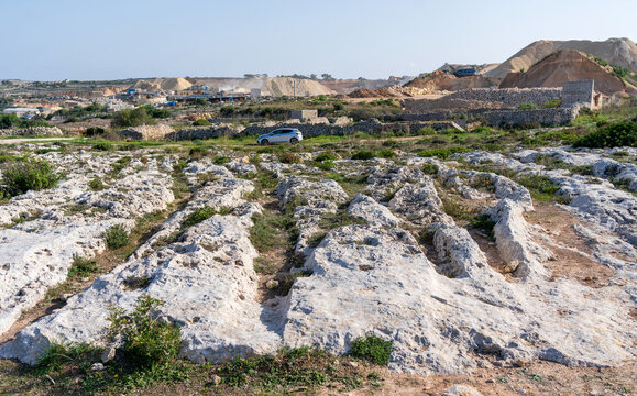 Cart ruts on the island of Malta at Misrah Ghar il-Kbir (Clapham Junction)