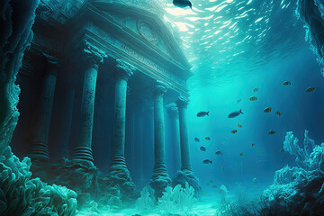 Fantasy underwater seascape with lost city. Generative AI - obrazy, fototapety, plakaty
