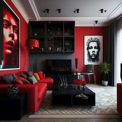 Modern red living room, Generative AI