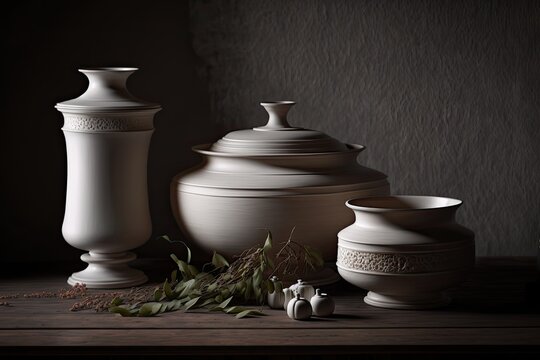 terracotta pots on dark wood table
