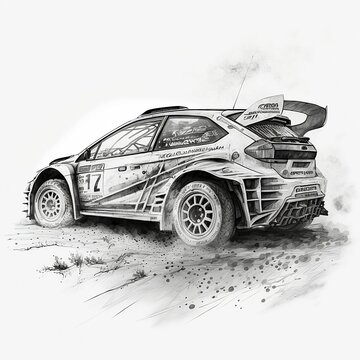 Black and white pencil drawing of a rally car, Generative AI