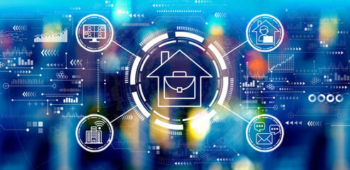 Telework theme with big city lights