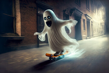 Illustration of a ghost riding a skateboard in the street on the evening, generative AI