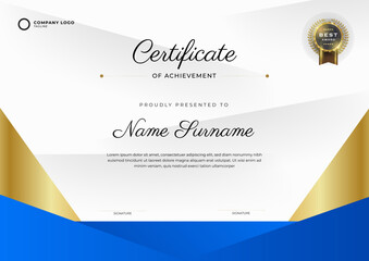 Blue and gold Certificate of Achievement template. Background with gold badge and border. Award diploma design blank.