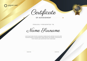 Black and gold Certificate of Achievement template. Background with gold badge and border. Award diploma design blank.