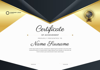 Black and gold Certificate of Achievement template. Background with gold badge and border. Award diploma design blank.