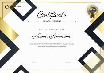 Black and gold Certificate of Achievement template. Background with gold badge and border. Award diploma design blank.