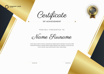 Black and gold Certificate of Achievement template. Background with gold badge and border. Award diploma design blank.