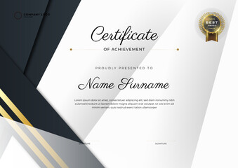 Black and gold Certificate of Achievement template. Background with gold badge and border. Award diploma design blank.