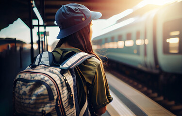 Fototapeta na wymiar Young woman traveling by train with a backpack, a passenger with a backpack and hat at the railway station, traveling concept Generative AI..