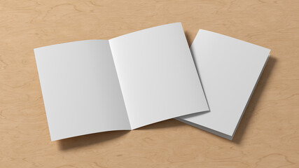 Half-folded flyer A4 booklet mock up on wooden background