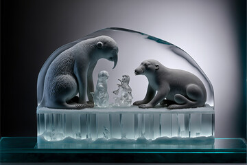 Ice sculptures, statues of cold winter, lighted by led, horizontal landscape of nature and living creatures, handmadelike art of frozen water, relation, icemirror statues, Generative AI