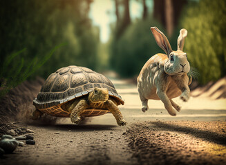 The rabbit and the turtle running race in the forest.Front view.Created with generative ai