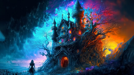 Fototapeta na wymiar Girl near the magical fairytale castle. Fantasy background, digital art, generative ai