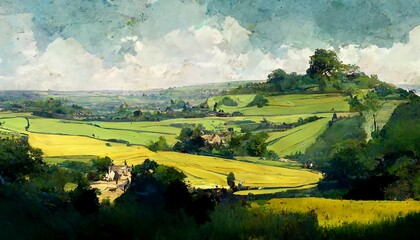 Plein air painting of the English Cotswold hills, generative AI - obrazy, fototapety, plakaty