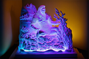 Ice sculptures, statues of cold winter, lighted by led, horizontal landscape of nature and living creatures, man, handmadelike art of frozen landscape, icemirror statues, Generative AI