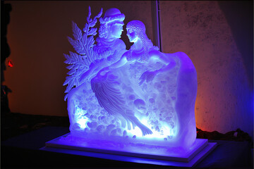 Ice sculptures, statues of cold winter, lighted by led, horizontal landscape of nature and living creatures, man, handmadelike art of frozen landscape, icemirror statues, Generative AI