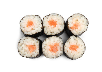 Delicious sushi rolls on white background, top view