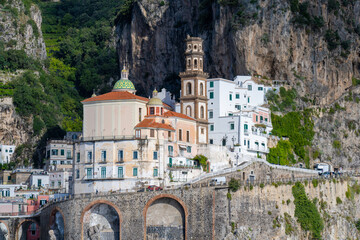 Fototapeta na wymiar A Church Tower and Homes in Atrani Italy on the Amalfi Coast