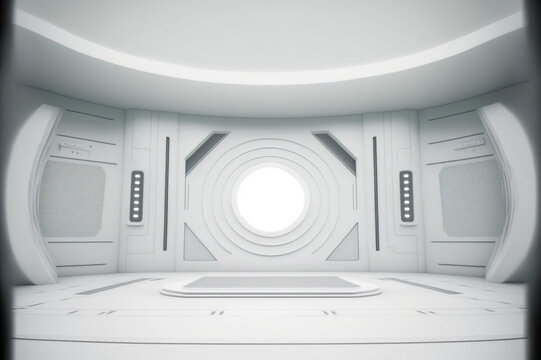 Futuristic Stage In A Spaceship Showroom Floor With Copy Space For Product Display Mock Up . White Clean Background With Glowing White Wall . Sublime Generative AI Image .