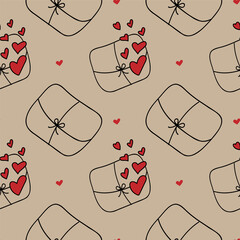 Vector. Seamless pattern with hand drawn envelope and gift box, hearts. Cartoon background for Valentine's Day, Birthday, Women's Day and wedding design. Postcards, invitations, packaging.