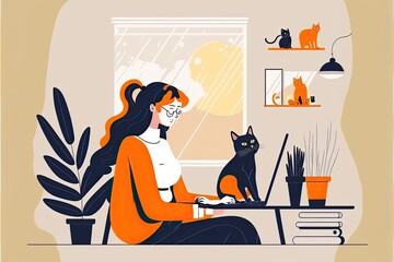 Woman Working Remotely at Home with a Pet by Her Side - Generative AI