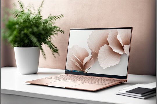 Laptop computer desk area as a home office workspace or studying area in clean modern design - generative ai