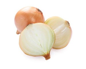 Whole and cut onions on white background