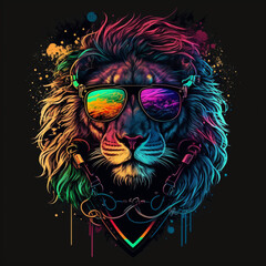 illustration of aviator lion in neon colors, t-shirt print, generative AI