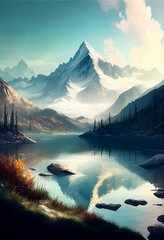 Fototapeta na wymiar Beautiful scenery of lake and mountain generative AI