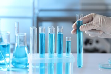 Scientist taking test tube with light blue liquid in laboratory, closeup