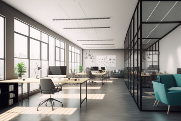 Fototapeta na wymiar Modern office interior design . Contemporary workspace for creative business. Peculiar AI generative image.