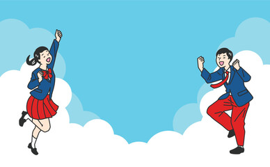 青空を背景にガッツポーズをする制服の学生