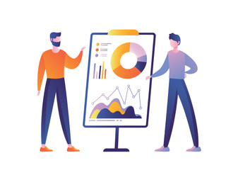 Business presentation concept. Man looks at slide with graphs, diagrams and charts. Teamwork and partnerships, colleagues and coworkers. Poster or banner for website. Cartoon flat vector illustration