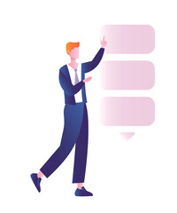 Businessman with speech bubbles concept. Young guy works on projects, organizes information in archive or data warehouse. Modern technologies and digital world. Cartoon flat vector illustration