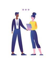 Business communication concept. Man and woman discuss work details, projects, interaction and teamwork. Colleagues and partners. Organization of effective workflow. Cartoon flat vector illustration