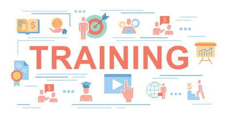Fototapeta premium Business training banner. Collection of graphic elements for website. Education and learning, development. Career and business. Cartoon flat vector illustrations isolated on white background