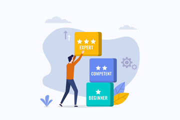 Enhancing skill concept, a man moving block of skills symbol, personal growth and skill level upgrade