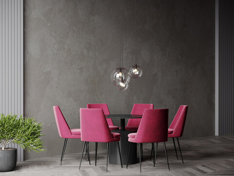Diningroom in dark gray colors.  Taupe  withmicrocement walls and black details. Glass balls chandeliers. Minimalistic room with viva magenta 2023 color. Menu template or blank invitation. 3d render
