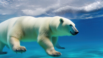 Fototapeta na wymiar polar bear swimming in blue water, white bear, ocean, north pole, Generative AI