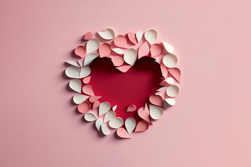 Celebrate Love: Valentine's Day Theme with Pink and Red Origami Hearts on a Pastel Pink Background