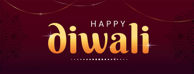 Happy diwali banner. Traditional Indian holiday, inscription with golden chains on red background. Asian patterns and culture. Graphic element for website. Realistic 3D vector illustration