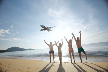 airplane view  beach and  group of people meet, the concept of freedom vacation, background thailand